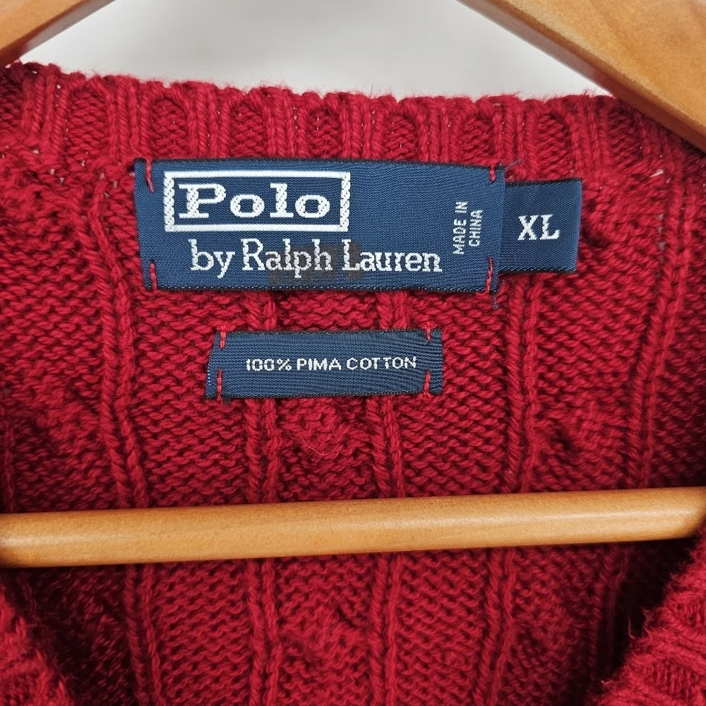 Polo Ralph Lauren Pima Cotton Red Cable Knit Pullover VNeck Sweater Vest Mens XL